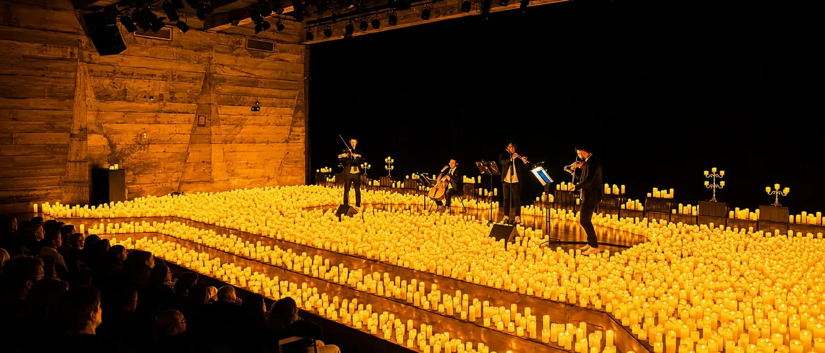 Concerto Candlelight: músicos no palco cercados por milhares de velas